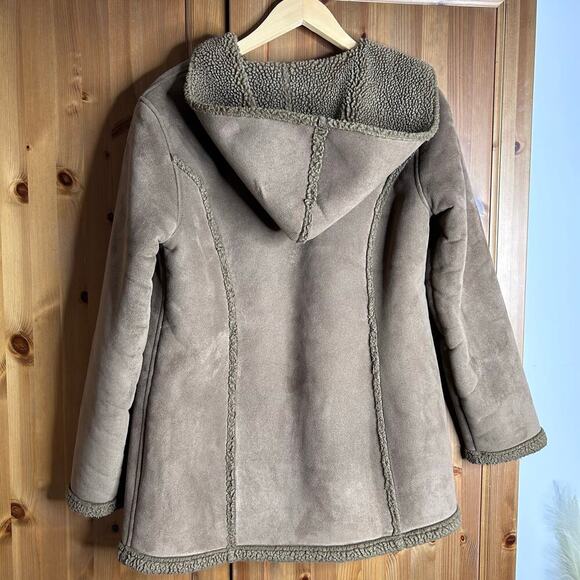 Vintage L.L. Bean Sherpa Lined Suede Toggle Coat Women’s Small Hooded Brown Barn - Picture 3 of 10